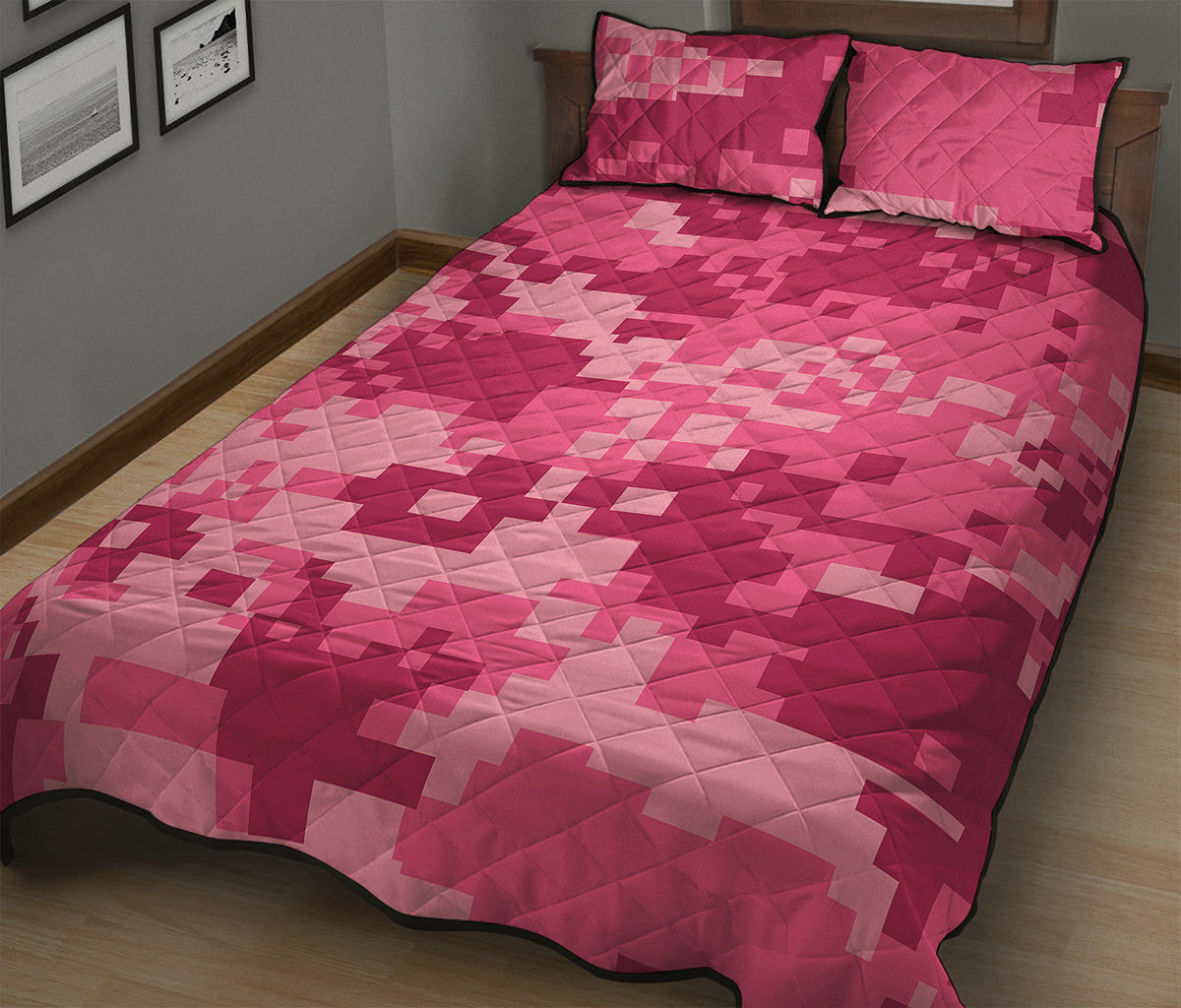 Pink Digital Camo Pattern Print Quilt Bed Set
