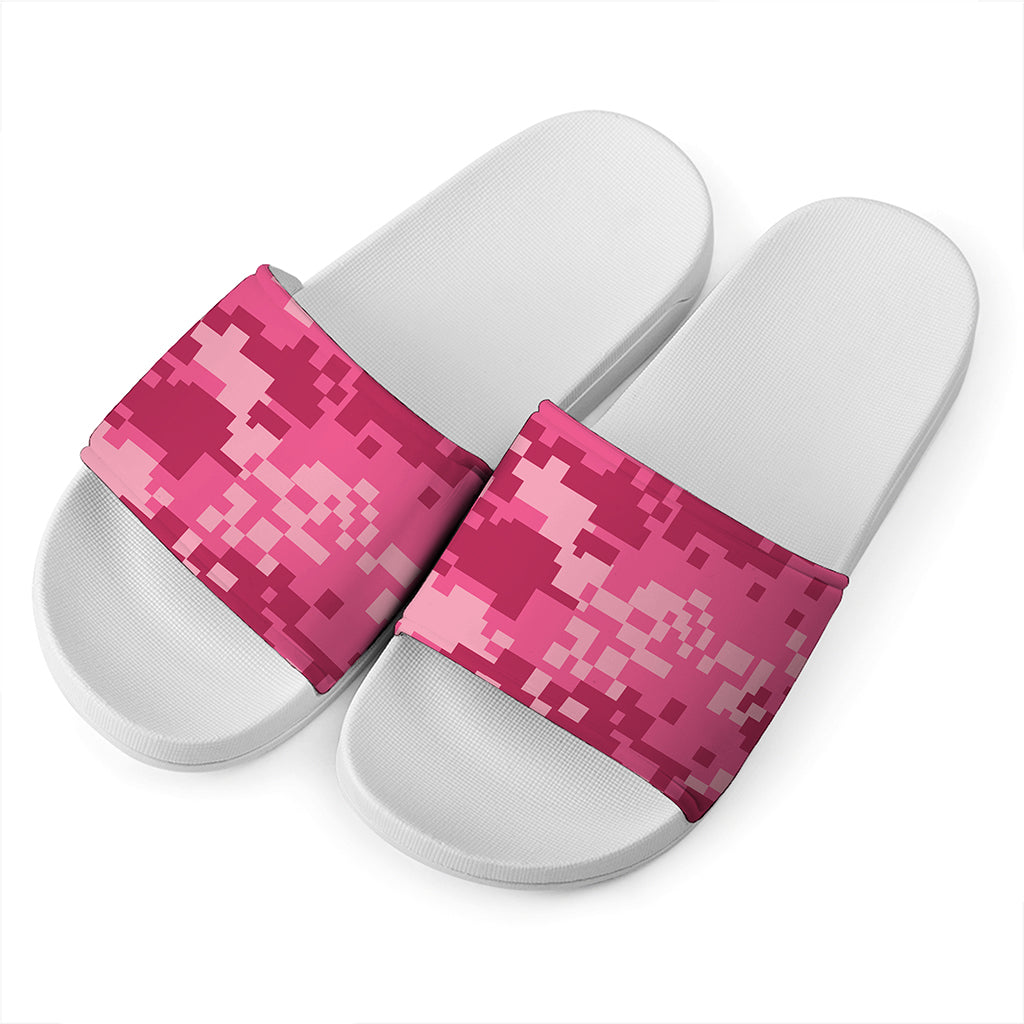 Pink Digital Camo Pattern Print White Slide Sandals
