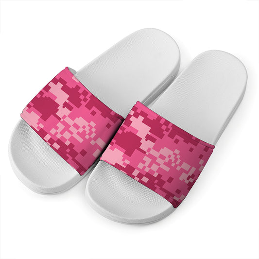 Pink Digital Camo Pattern Print White Slide Sandals