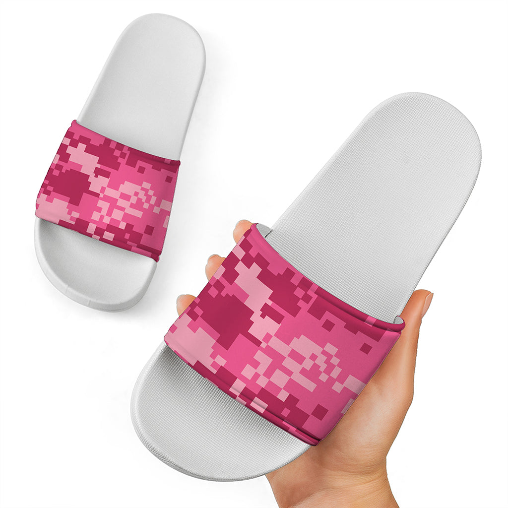 Pink Digital Camo Pattern Print White Slide Sandals