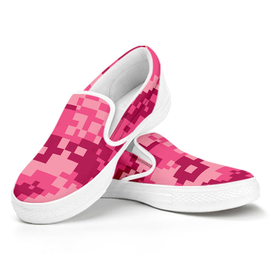 Pink Digital Camo Pattern Print White Slip On Shoes