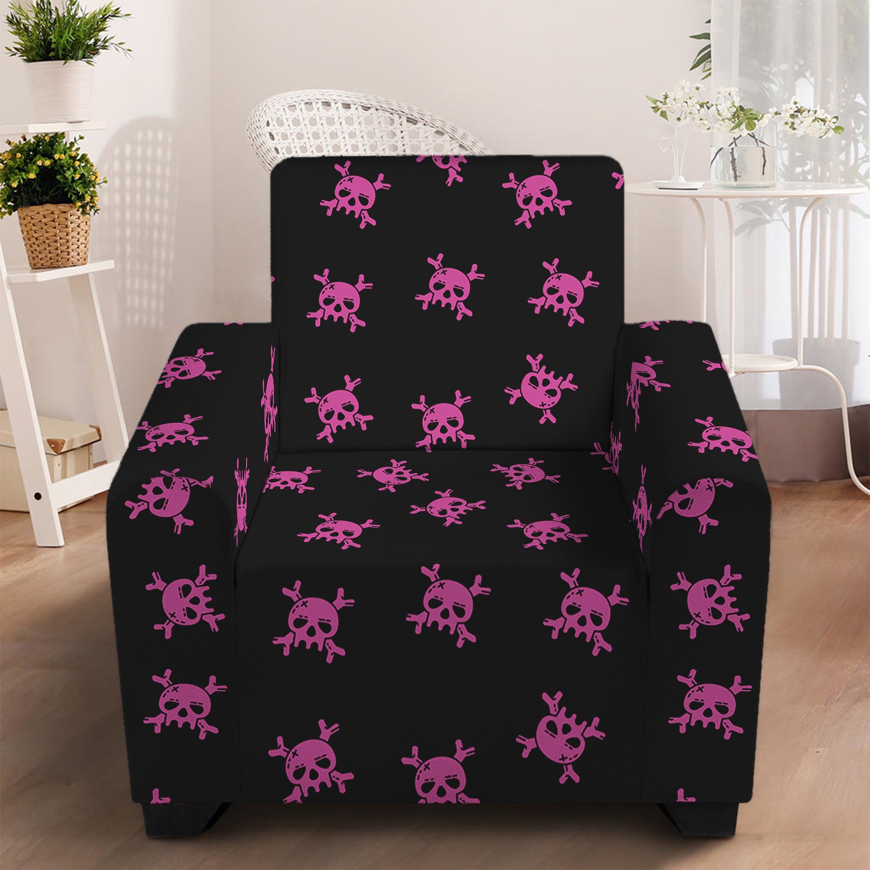 Pink Emo Skull Pattern Print Armchair Slipcover