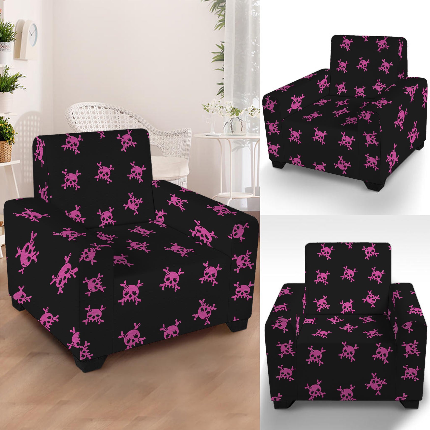 Pink Emo Skull Pattern Print Armchair Slipcover