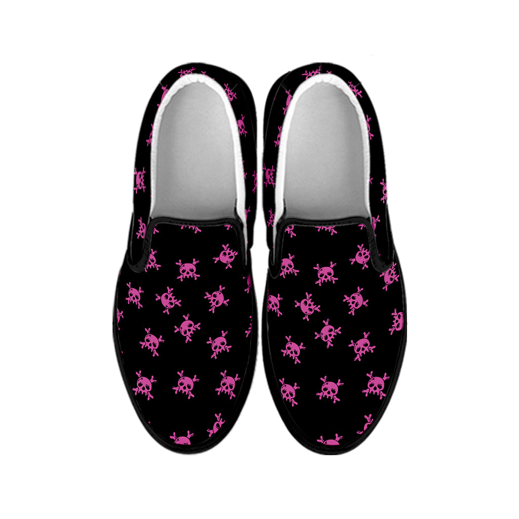 Pink Emo Skull Pattern Print Black Slip On Shoes