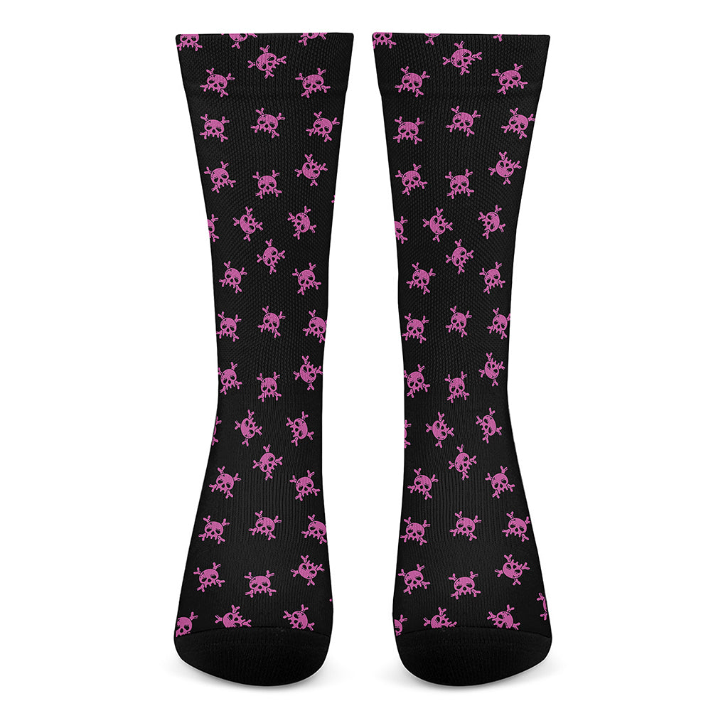 Pink Emo Skull Pattern Print Crew Socks