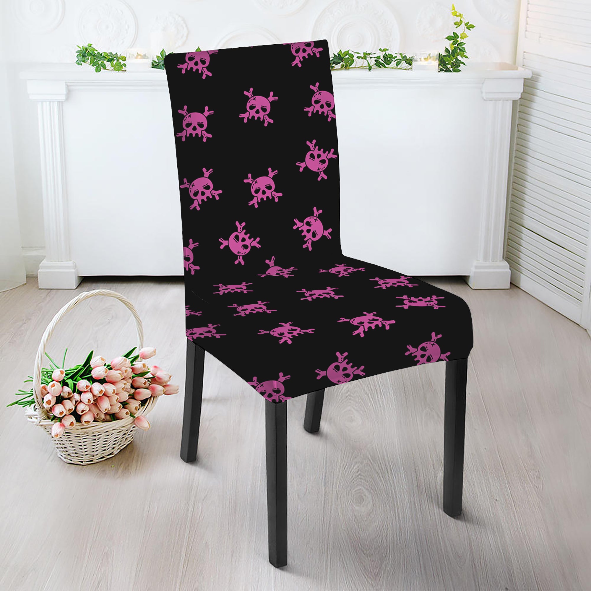 Pink Emo Skull Pattern Print Dining Chair Slipcover