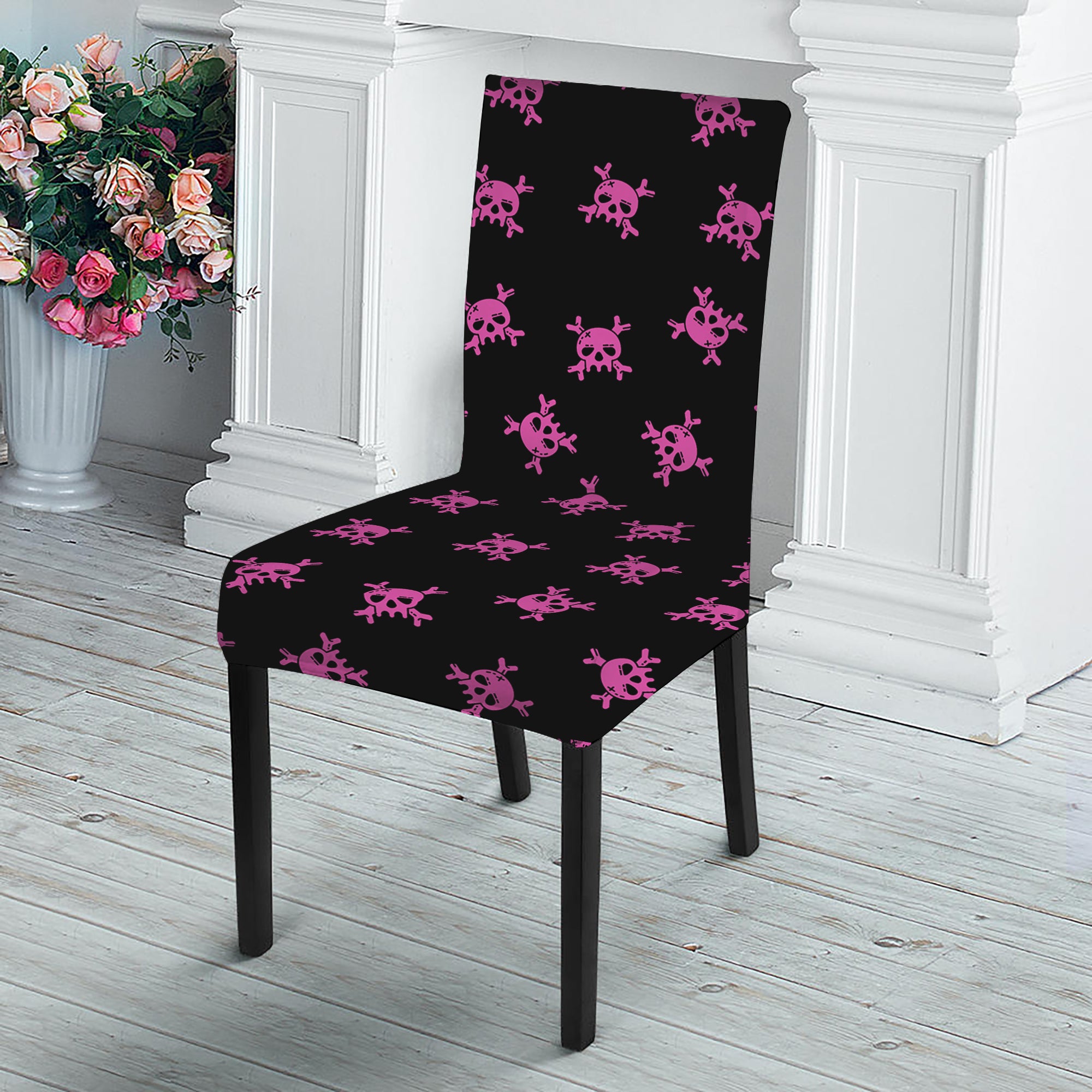 Pink Emo Skull Pattern Print Dining Chair Slipcover