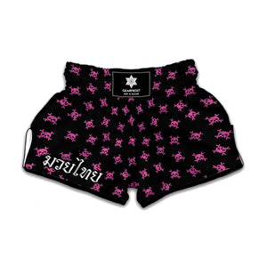 Pink Emo Skull Pattern Print Muay Thai Boxing Shorts