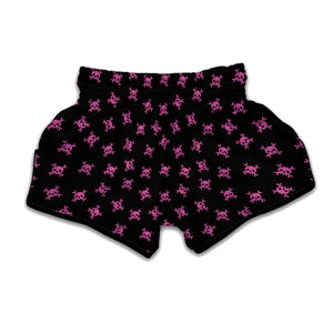 Pink Emo Skull Pattern Print Muay Thai Boxing Shorts