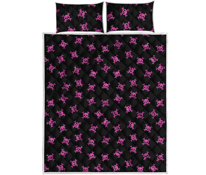 Pink Emo Skull Pattern Print Quilt Bed Set