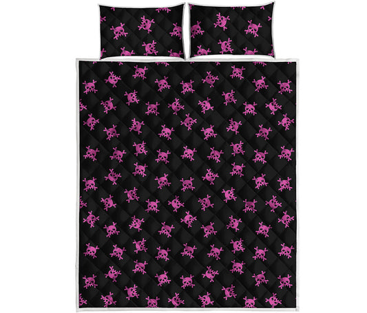 Pink Emo Skull Pattern Print Quilt Bed Set