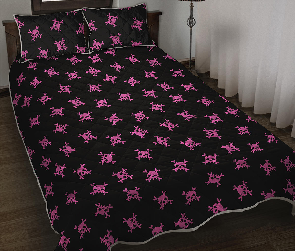 Pink Emo Skull Pattern Print Quilt Bed Set