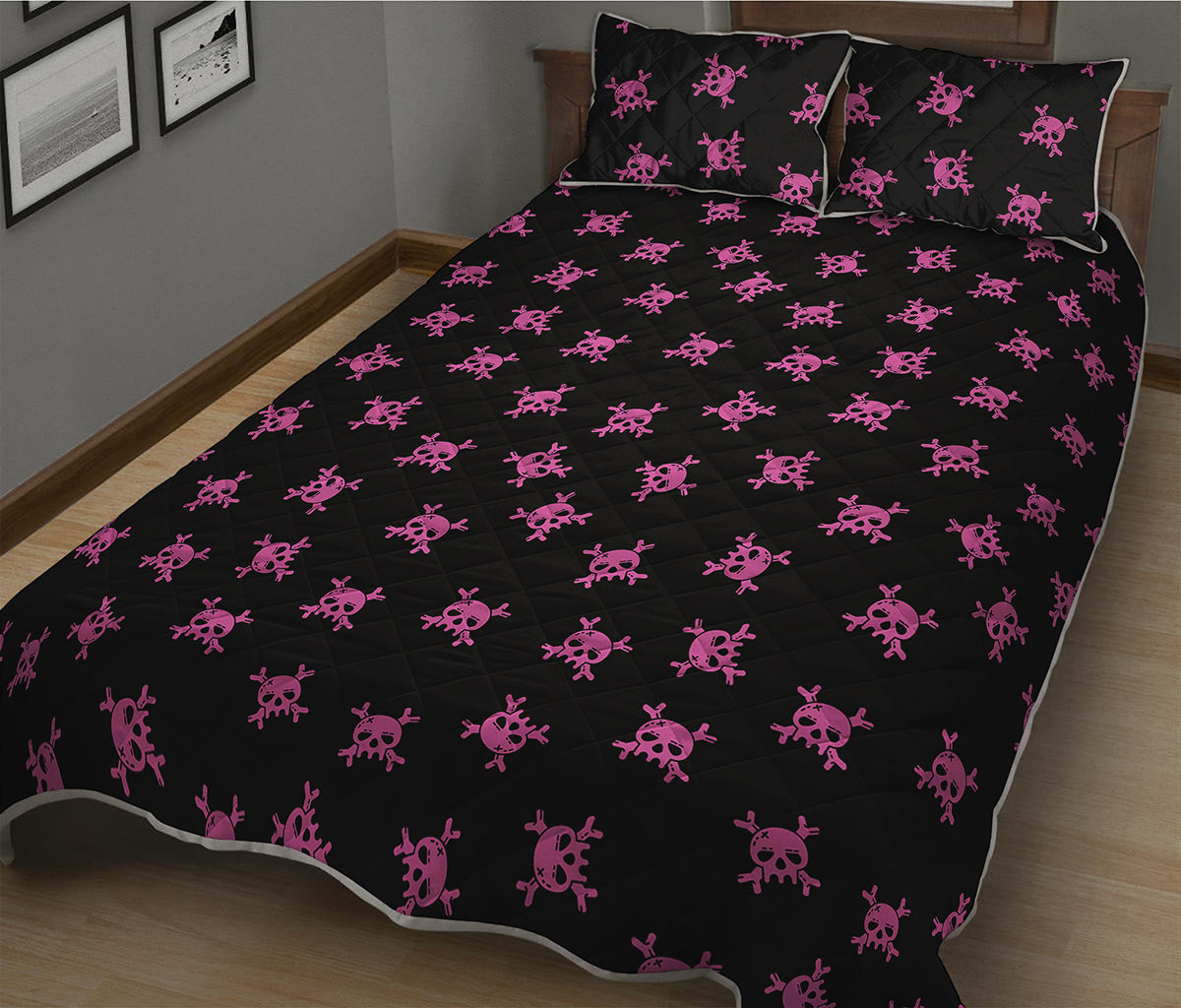 Pink Emo Skull Pattern Print Quilt Bed Set