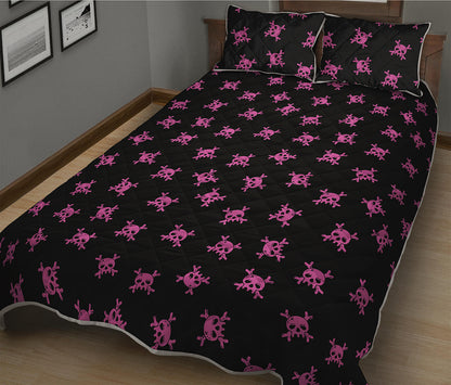 Pink Emo Skull Pattern Print Quilt Bed Set