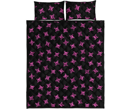 Pink Emo Skull Pattern Print Quilt Bed Set