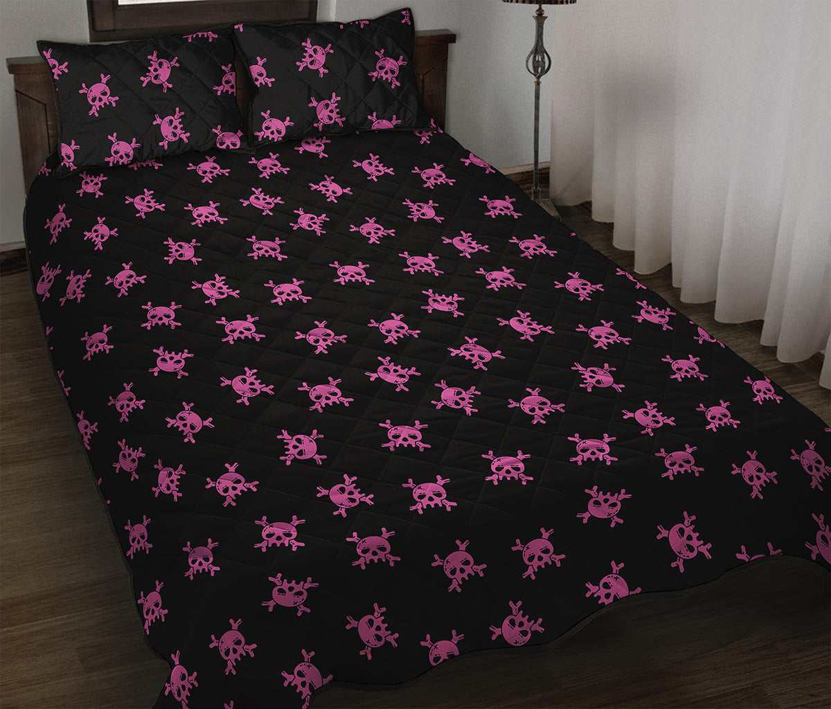 Pink Emo Skull Pattern Print Quilt Bed Set