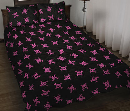 Pink Emo Skull Pattern Print Quilt Bed Set