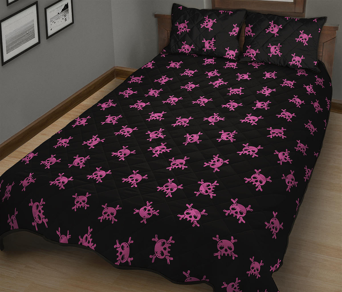 Pink Emo Skull Pattern Print Quilt Bed Set