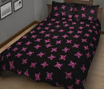 Pink Emo Skull Pattern Print Quilt Bed Set