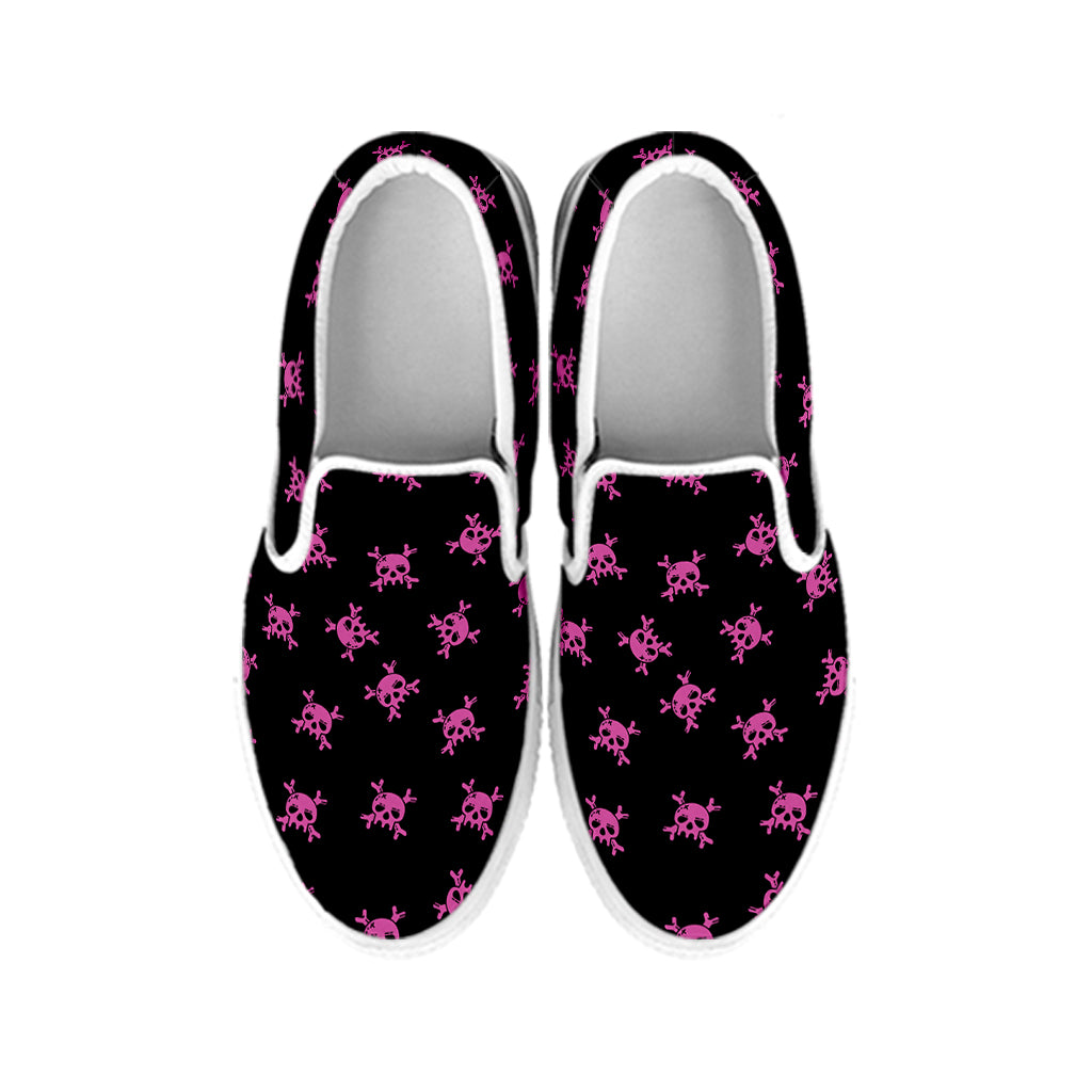 Pink Emo Skull Pattern Print White Slip On Shoes