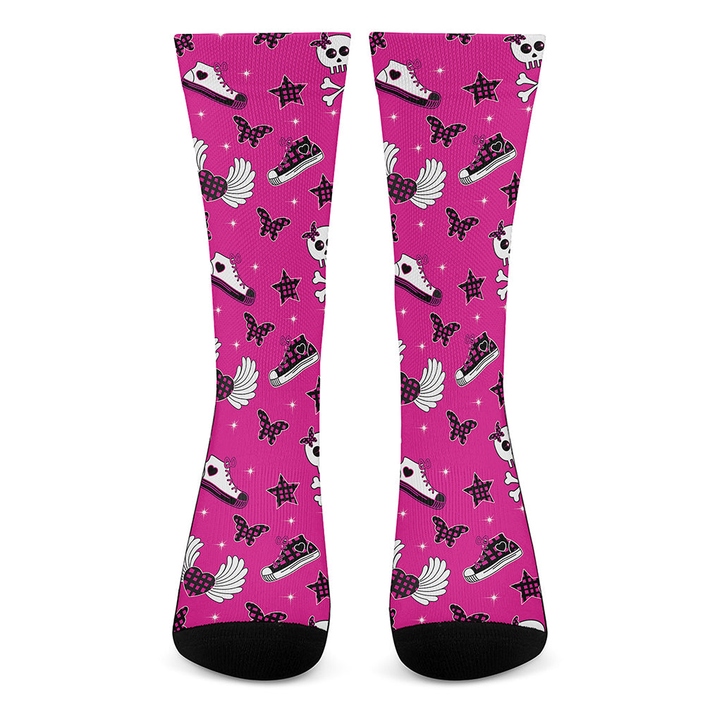 Pink Emo Symbols Pattern Print Crew Socks