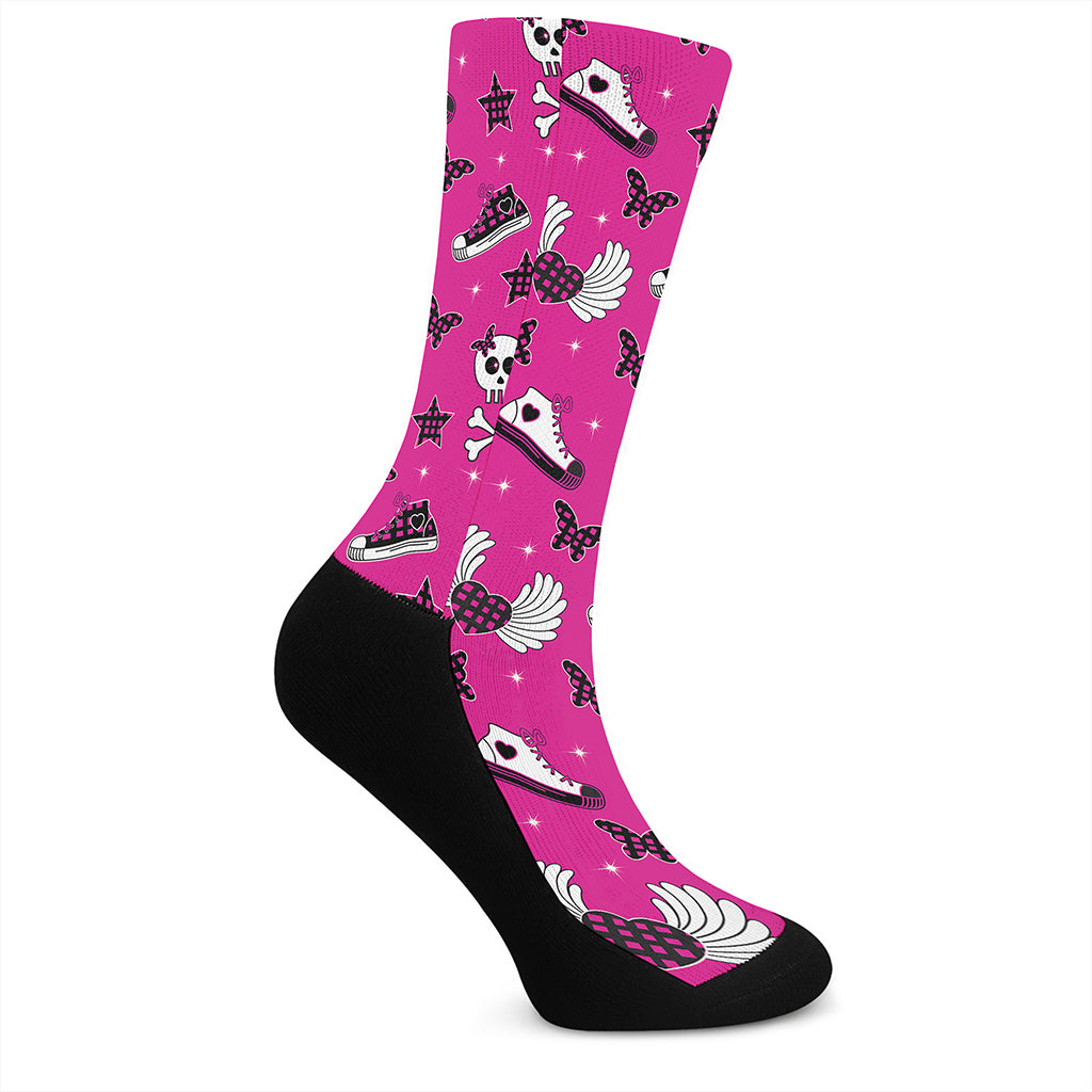 Pink Emo Symbols Pattern Print Crew Socks