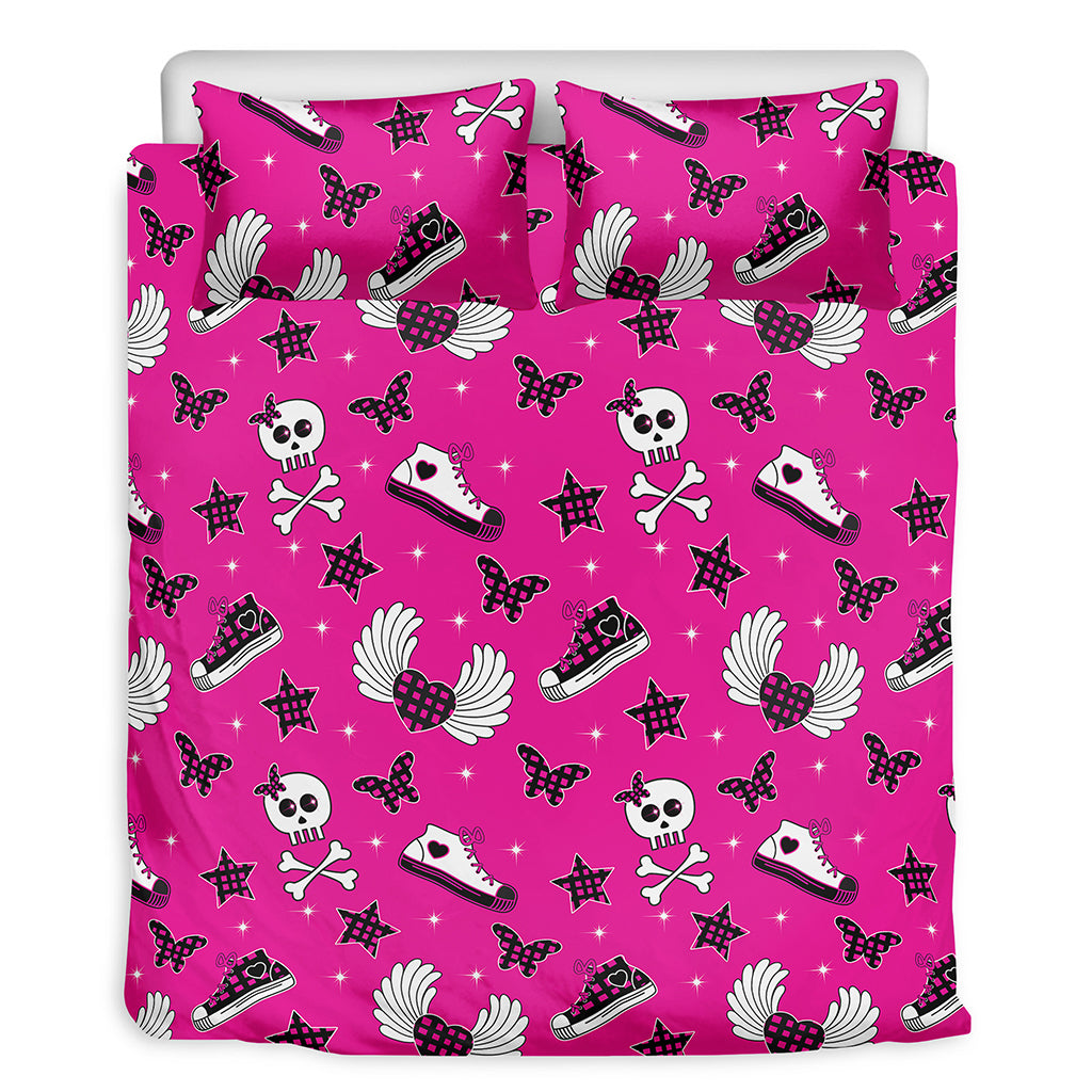 Pink Emo Symbols Pattern Print Duvet Cover Bedding Set