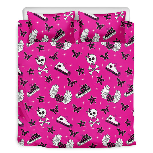 Pink Emo Symbols Pattern Print Duvet Cover Bedding Set