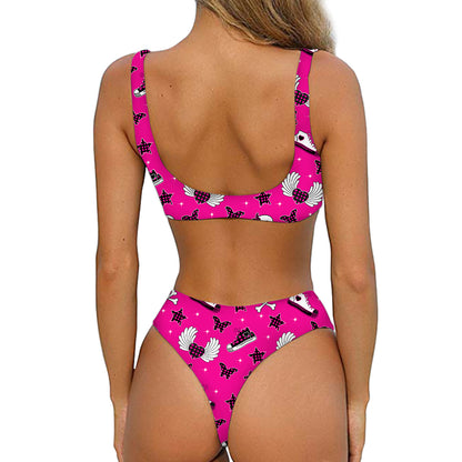 Pink Emo Symbols Pattern Print Front Bow Tie Bikini