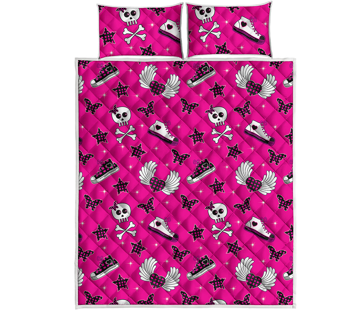 Pink Emo Symbols Pattern Print Quilt Bed Set