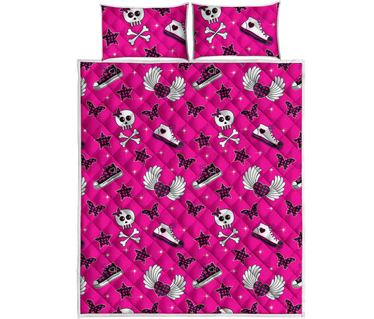 Pink Emo Symbols Pattern Print Quilt Bed Set
