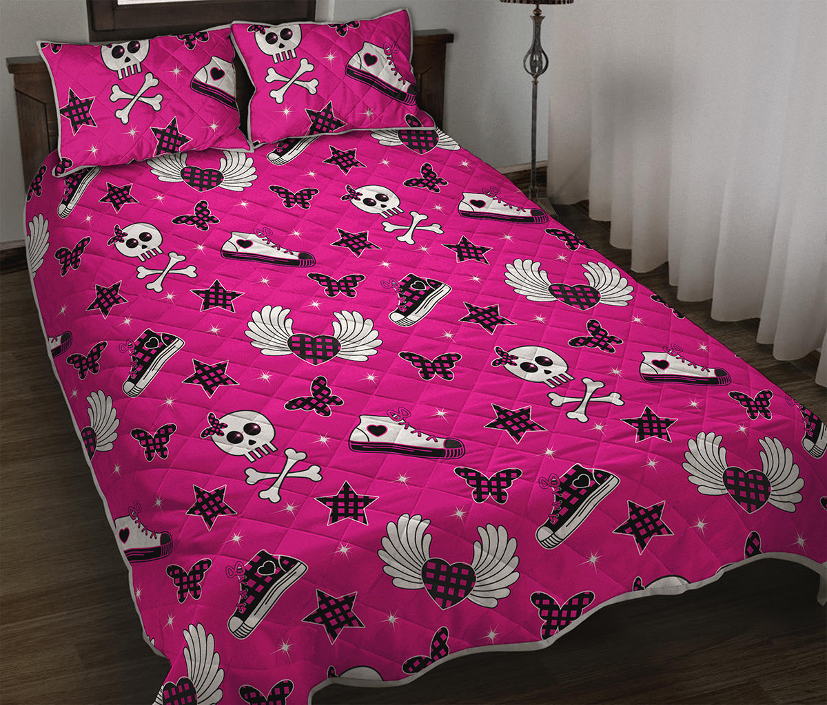 Pink Emo Symbols Pattern Print Quilt Bed Set