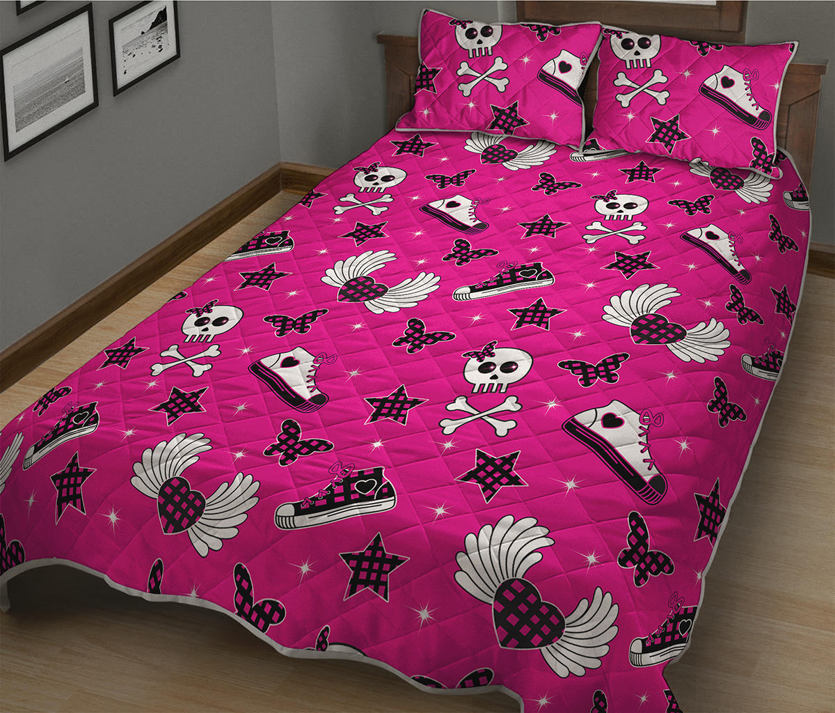 Pink Emo Symbols Pattern Print Quilt Bed Set