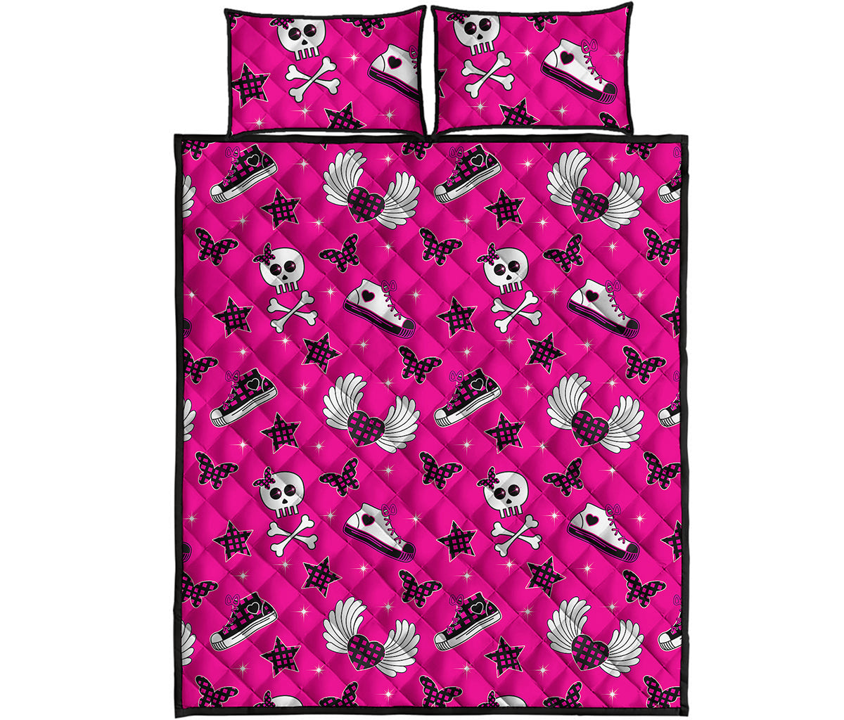 Pink Emo Symbols Pattern Print Quilt Bed Set