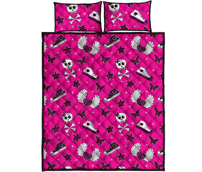 Pink Emo Symbols Pattern Print Quilt Bed Set
