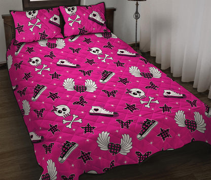 Pink Emo Symbols Pattern Print Quilt Bed Set