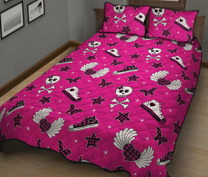 Pink Emo Symbols Pattern Print Quilt Bed Set