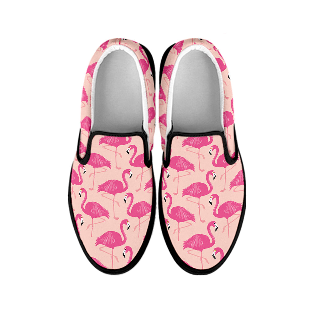 Pink Flamingo Pattern Print Black Slip On Shoes