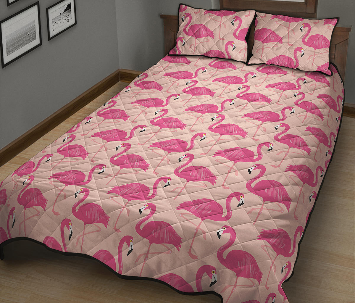 Pink Flamingo Pattern Print Quilt Bed Set
