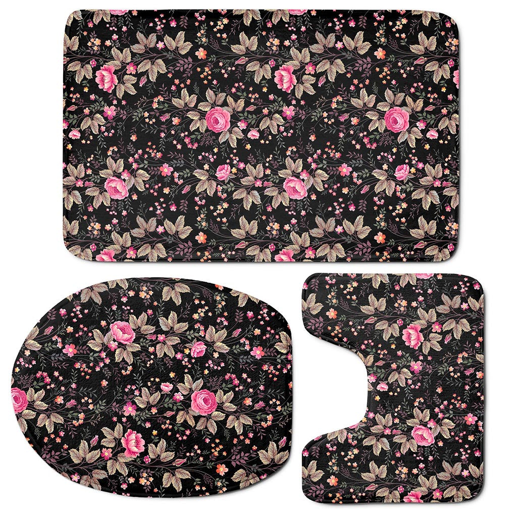 Pink Floral Flower Pattern Print 3 Piece Bath Mat Set