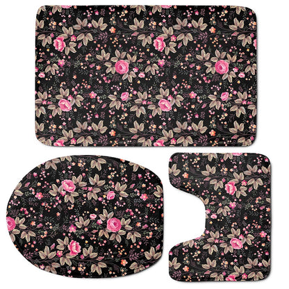 Pink Floral Flower Pattern Print 3 Piece Bath Mat Set