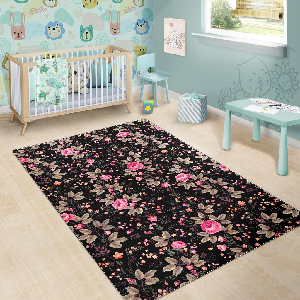 Pink Floral Flower Pattern Print Area Rug GearFrost