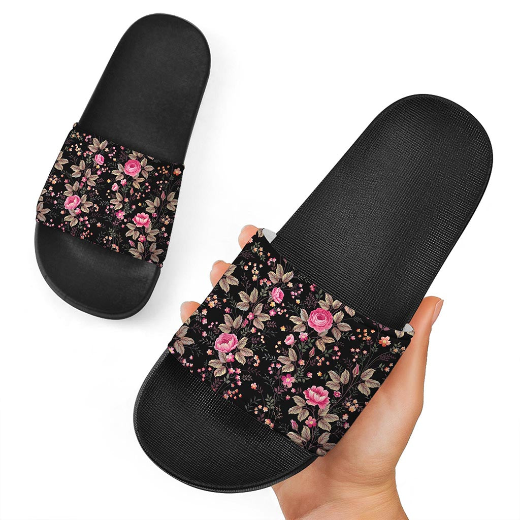Pink Floral Flower Pattern Print Black Slide Sandals