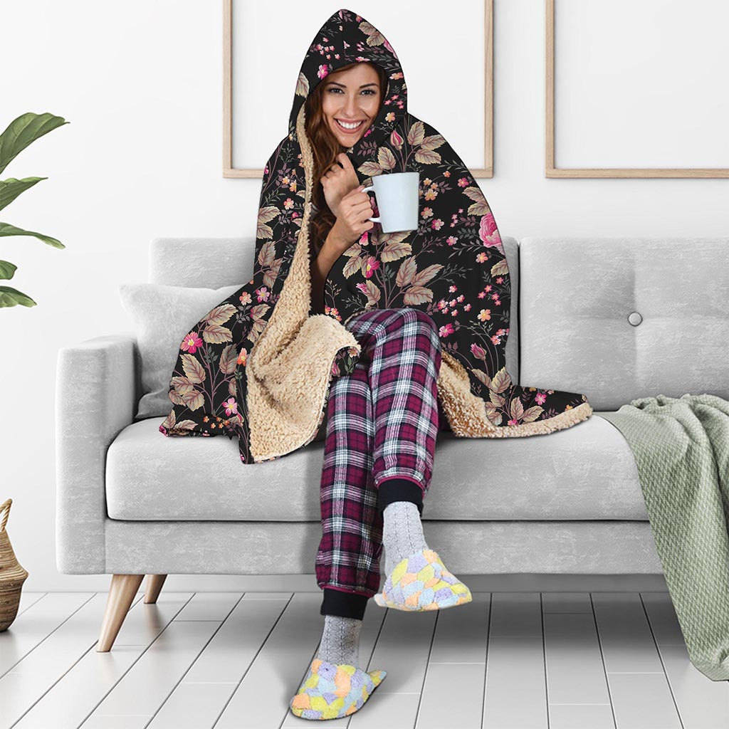 Pink Floral Flower Pattern Print Hooded Blanket