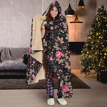 Pink Floral Flower Pattern Print Hooded Blanket