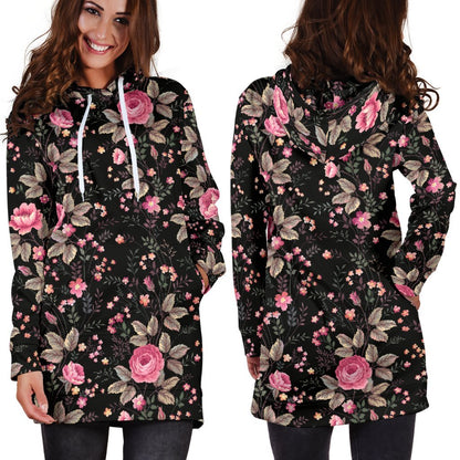 Pink Floral Flower Pattern Print Hoodie Dress GearFrost