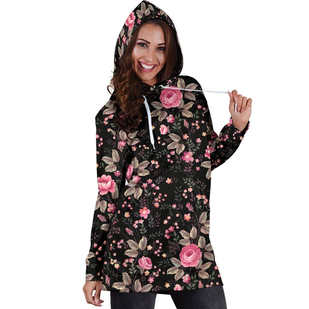 Pink Floral Flower Pattern Print Hoodie Dress GearFrost