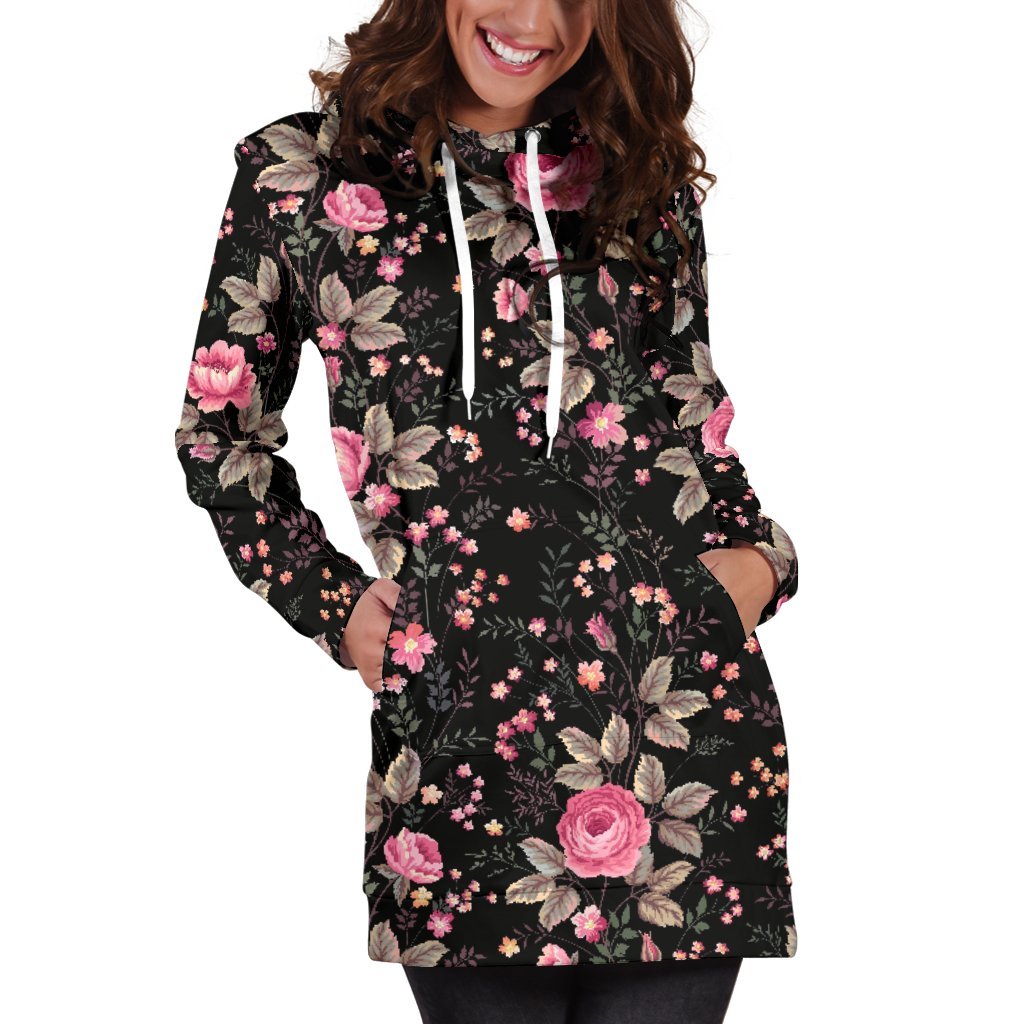 Pink Floral Flower Pattern Print Hoodie Dress GearFrost