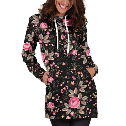 Pink Floral Flower Pattern Print Hoodie Dress GearFrost