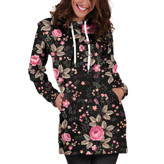 Pink Floral Flower Pattern Print Hoodie Dress GearFrost